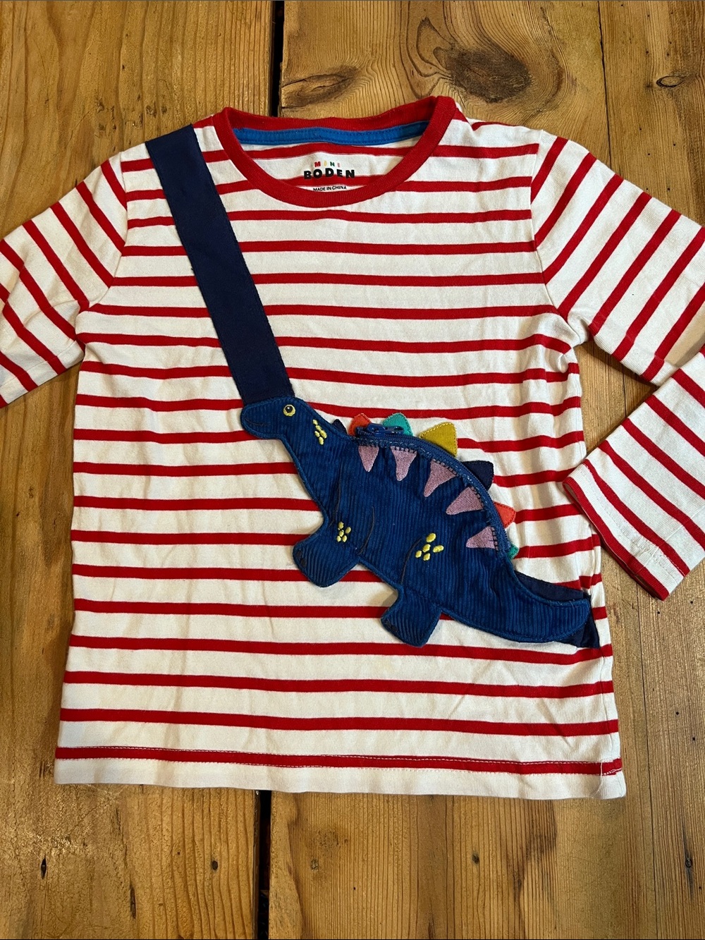 MINI BODEN 4-5 Red Stripe Shirt w/Corduroy Dinosaur Pocket Applique